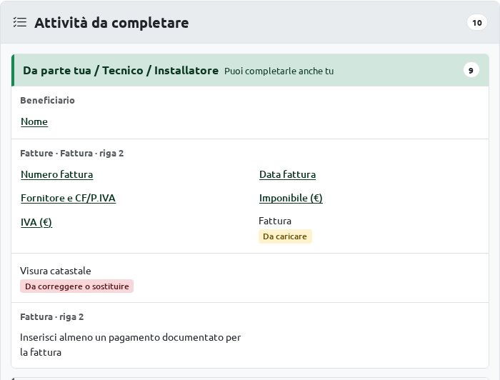 Area cliente: elenco delle informazioni da completare e dei documenti da caricare o correggere, suddivisi per responsabile