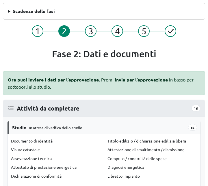 Pratica ENEA nella fase Dati e documenti: dati pronti per l'approvazione e documenti in attesa di verifica dello studio